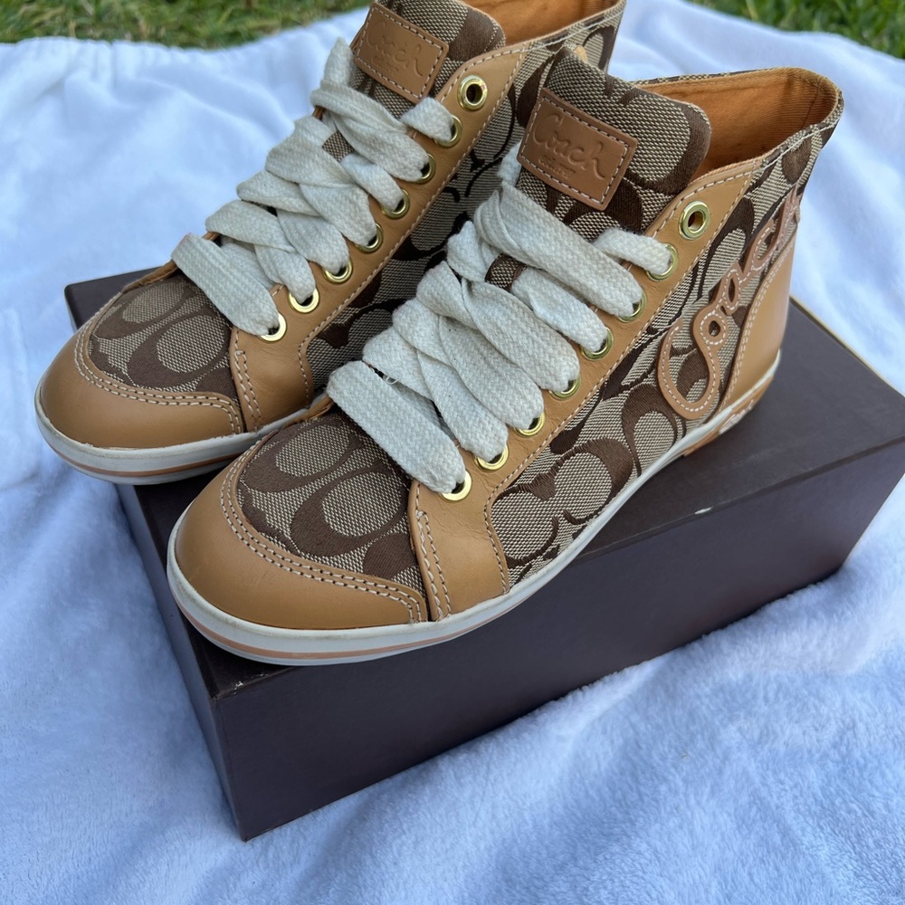 Coach Signature Pattern High-Top Sneakers in Brown and Tan